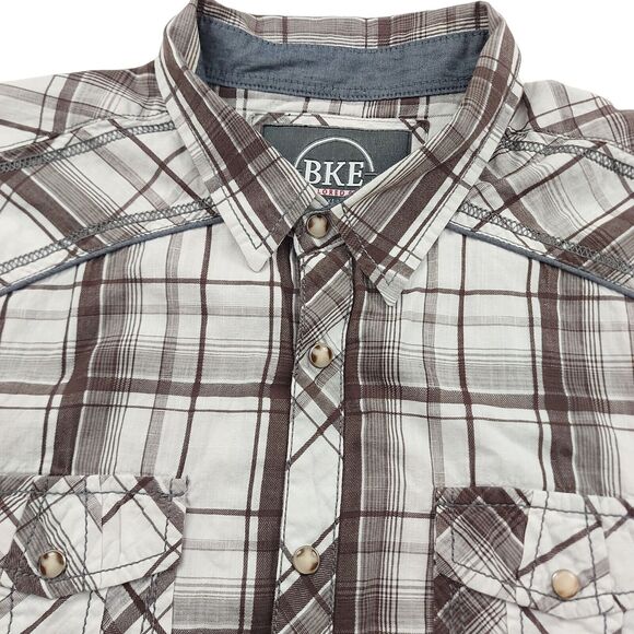 BKE Mens Tailored Fit Plaid Shirt XL White Brown Short Sleeve Pearl Button - Picture 4 of 12